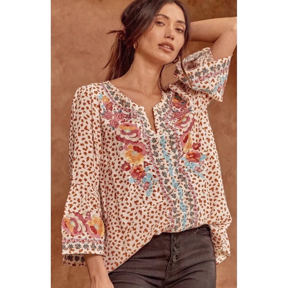 Savanna Jane Embroidered Top Blouse Sz L Flare Bell Sleeve Boho Hippie Gypsy LG